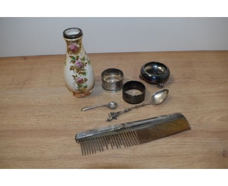 A hallmarked silver pinch pot and spoon, napkin ring with monogrammed 'Billy' and a comb, also included are another silver to