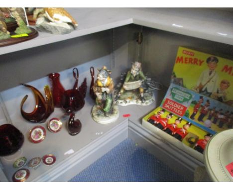 A mixed lot to include a Whitefriars ruby Dilly Duck, two swans and a vase, and other art glassware, Limoges dishes, Capodimo