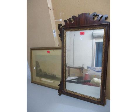 A 19th century rosewood mirror A/F together with a framed print. Location:A1 