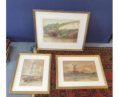 A pair of watercolours signed W. J Stamp (other signed W. Stamp) depicting a windmill and the other a boat scene together wit