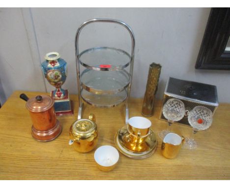 A mixed lot to include a three tier metal and glass cake stand, Royal Worcester gold patterned tea set for two, boxed Edinbur