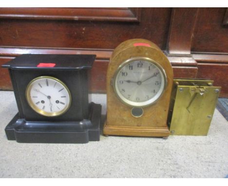 A Victorian black marble cased mantel clock, and an inlaid walnut cased Bulle electric clock, along with a fusee clock moveme