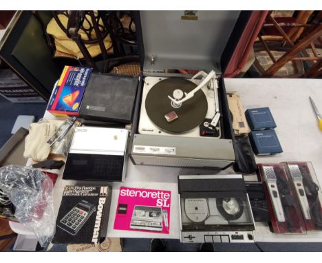 Mixed vintage electronic items to include a portable Garrard record player, a Grundig Stenorette SL, a Sharp portable printer