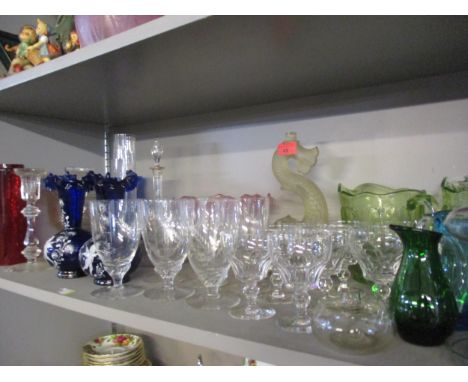 Mixed glassware to include a lace-makers lamp, two Venetian glasses, a French liqueur set A/F and a set of eight Stuart wine 