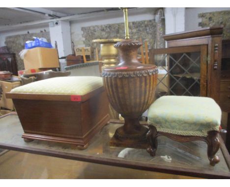 Two footstools, together with a table lamp in the form of an urn 