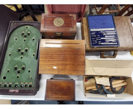 A mixed lot to include a vintage bagatelle board, a Chinese brass mounted hardwood jewellery box, a mahogany writing slope, a