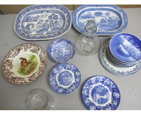 Two blue and white meat platters and mixed blue and white to include Spode together with mixed glass, Danish blue Christmas p