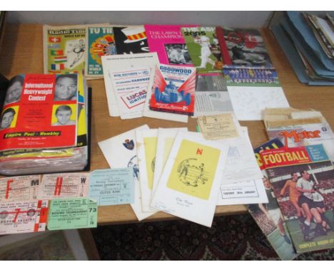 A collection of 1960s boxing magazines and ticket stubs and Cafe Royal menus, to include boxers such as Henry Cooper v Alex M