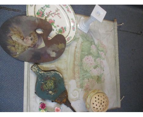 A mixed lot comprising a fabric wall hanging by Mary Olivia Cook depicting a Grecian planter of flowers together with a Ducal