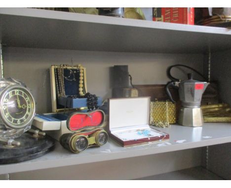 A vintage lot to include costume jewellery, bags, opera glasses, books and a Russian mantel clockLocation: 11:2 