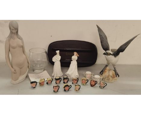 A mixed lot of ceramics to include miniature Royal Doulton Toby character jugs to include Scrooge, David Copperfield, Fagin a