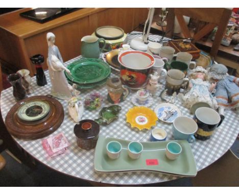 A mixed lot to include a 'Ring' anglepoise lamp, a Lladro figure, Royal Doulton character jug, Poole pottery, a barometer, tw