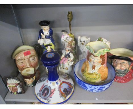 Royal Doulton character jugs and others, Staffordshire figures, a commemorative ship's decanter, a German encrusted table lam