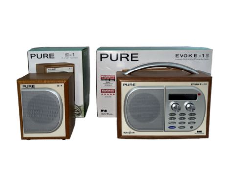 Pure Evoke-1S DAB &amp; FM portable radio with S-1 auxiliary speaker with cherry veneer, both new in boxes, untested. 