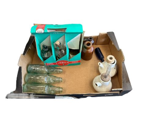 Quantity assorted bottles &amp; pots to include Three codd bottles, Two "Nelson Inhalers" one with original box, One stone in