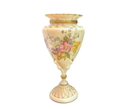 A Royal Worcester blush ivory porcelain vase, the body painted with flowers, with gilded highlights throughout, the pedestal 