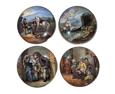 A range of four Prattware pot lids to include "Hide and Seek", "Uncle Toby", "The Chin-Chew River" and a fourth with several 