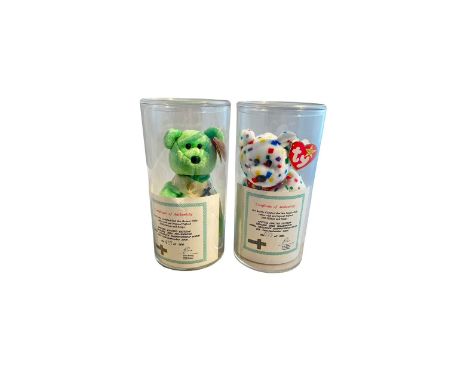 TY Beanie Babies. Pair of Telford 2000 Limited Edition teddys, excellent in excellent clear plastic cylinder cases, with Telf