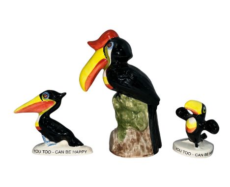 Carlton Ware (later) hand painted, three ceramic Guinness Toucan figures to include; pair of ‘You Too Can be Happy’ miniature