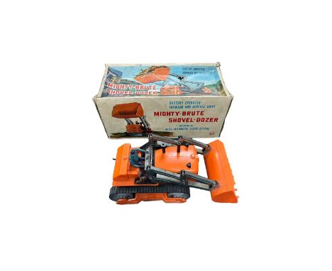 Marx Mighty Brute Shovel Dozer Approx. size: L33cm, battery operated, orange, black rubber tracks, metal arms, generally exce