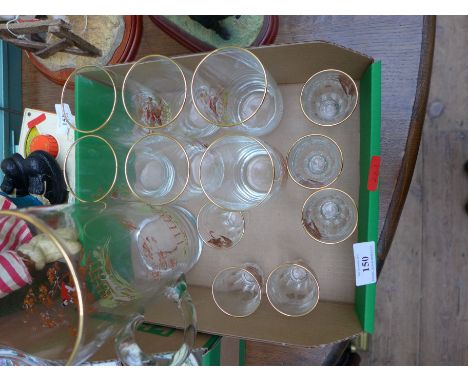 Set of 6 'hunting scene' water glasses with jug with 6 extra tot glasses