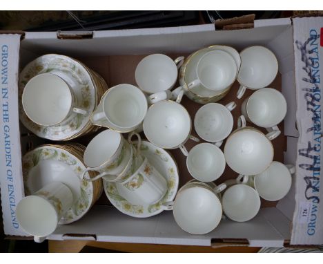 Large selection of Duchess 'Greensleeves' white ground bone china tea service with green and brown ground floral border (appr