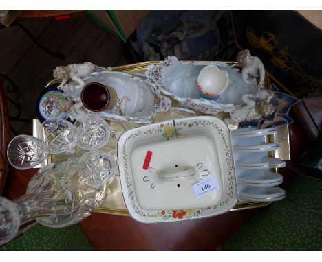 Cut glass sherry decanter and 4 glasses, lidded cheese, pair of cherub carriage ornaments etc.