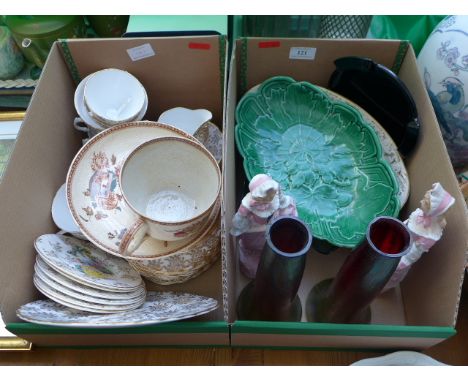 2 boxes of mixed crockery etc. incl. green oval leaf plate, breakfast cup and saucer and a part Royal Vale bone china tea ser