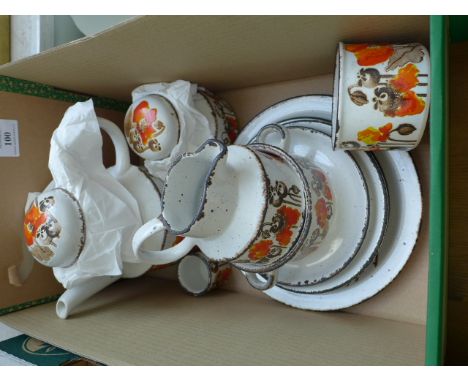 3 boxes of mixed china etc incl. part Crown bone china tea service, orange floral ground tea-pot and two silver lustre milk j