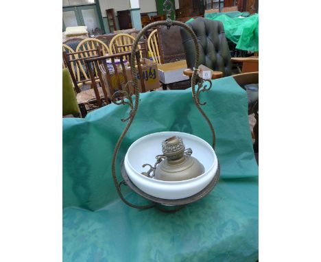 Brass hanging oil lamp with clouded glass shade