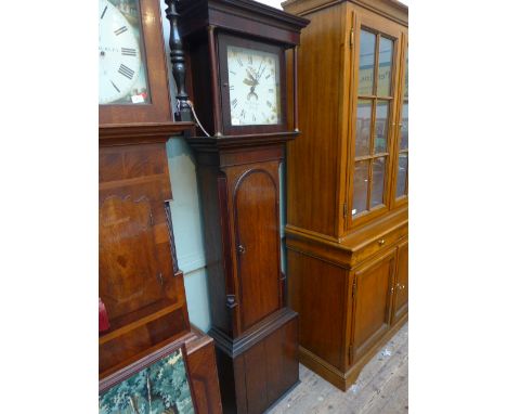 Oak cased 30 hour long cased clock, the enamel face hand painted roman numerals and escalloped shell to corners and Peacock c