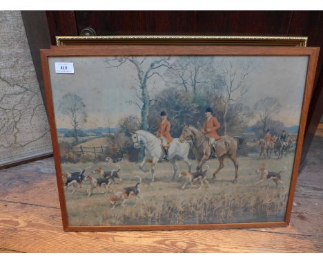 Gilt framed coloured print of sheep beside mountain stream 'A Selkirk Glen' by Alfred de Breanski and a pair of framed huntin