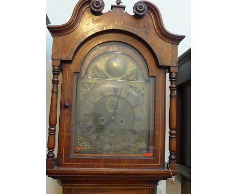 18th century long cased clock with strung cross banded swan neck pediment, oak case with brake arch hood, surmounted by an Ea