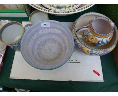 Multicoloured circular Carlton ware bowl (7 1/2" diam.) Poole Pottery bulb bowl and jug, 2 early 19th century tankards of Ori