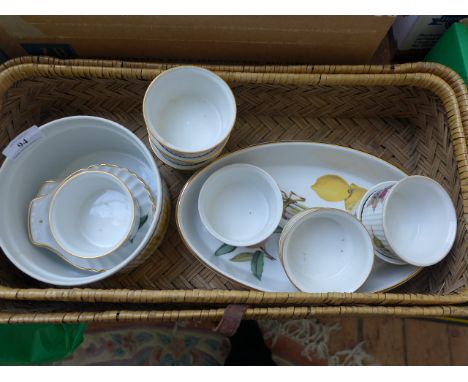 13 pieces of Royal Worcester 'Evesham' patterned oven to table ware including 9 ramekin pots all in rectangular basket weave 