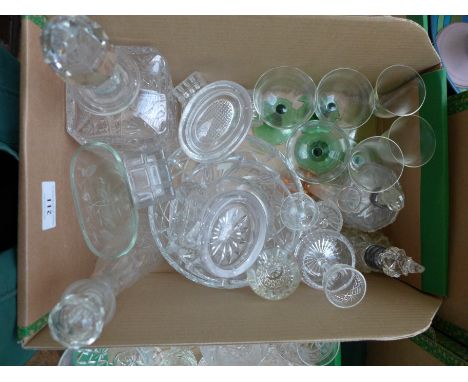Box of glassware incl. salts, sherry glasses, decanter, pair of scent bottles each with silver collar