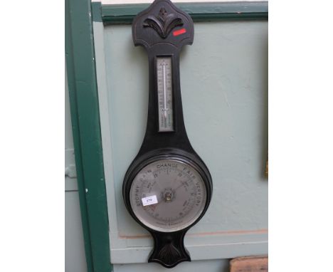 Anaroid banjo style barometer in black wood case inset thermometer dial