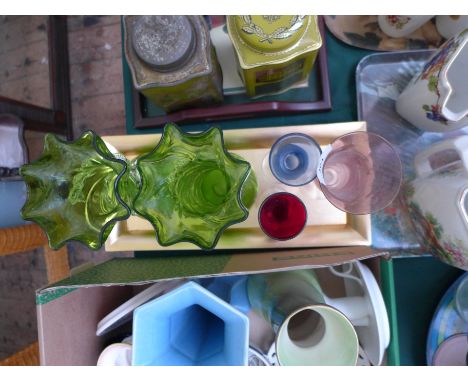 Pair of decorative green glass mantelpiece vases and 3 other coloured glass specimen vases