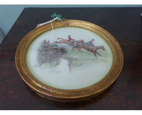 Circular gilt framed hunting scene wall plaque signed J.S. Sanderson 