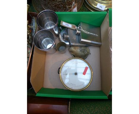 3 plated (two) and pewter (one) hip flasks, plated drinking vessels, circular brass barometer etc. 