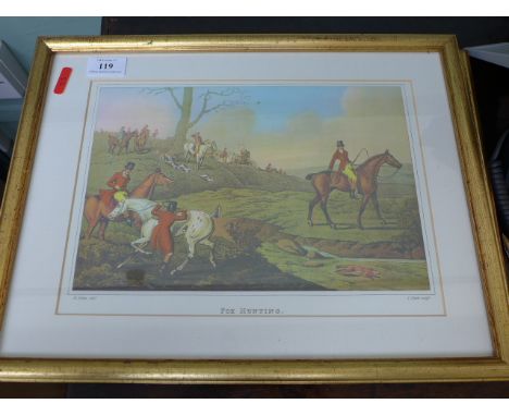 Framed fox hunting print and 2 others