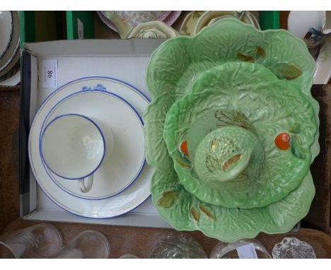 2 Carlton ware light green leaf plates, almost matching Wade lidded storage pot, Wesleyan Church china trio