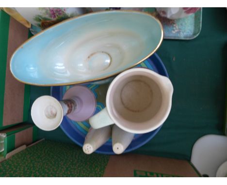 Decorative boat shaped blue and grey lustre Maling ware flower vase, pair of Maling condiments, Elizabeth Radford hand painte