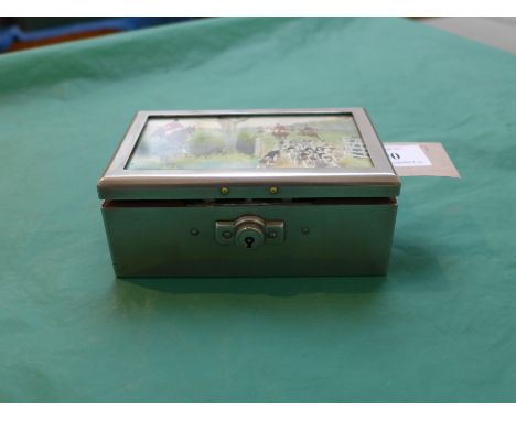 Rectangular plated cigarette/jewellery box with coloured hunting scene to lid