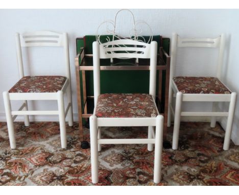 Folding card table, with two embroidered Bridge cloths, various playing cards plus glass topped tea trolley, and three painte