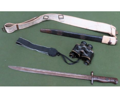 1907 Sanders Rifle Bayonet with scabbard, plus pair of W. Watsons and Sons 1917 field binoculars

Both in used condition 