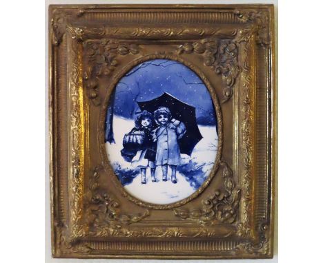 19th century English Delft style gilded edged blue and white oval ceramic panel, within a gilded frame. Panel Approx. 18 x 23