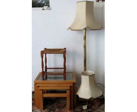 Light oak glass topped nest of three tables, brass standard lamp, brass table lamp, plus rush seated oak stool all reasonable