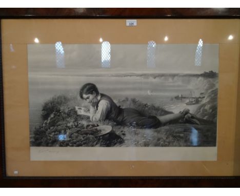 After Robert Collinson, a print,  a young boy reading a book on a cliff top, the original dated 1891, signed by the artist in
