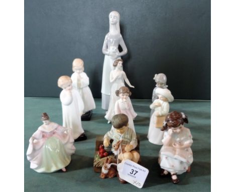 Six Royal Doulton ceramic figurines, to include: Sara (HN3219), Storytime (HN3695), Almost Grown (HN3425), Daddy's Girl (HN34